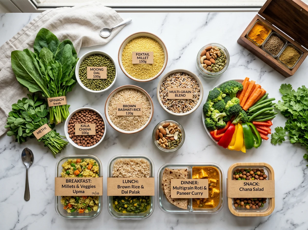 Contents of the Mayura low-GI diet kit: millets, dals, brown rice and portioned meal packets