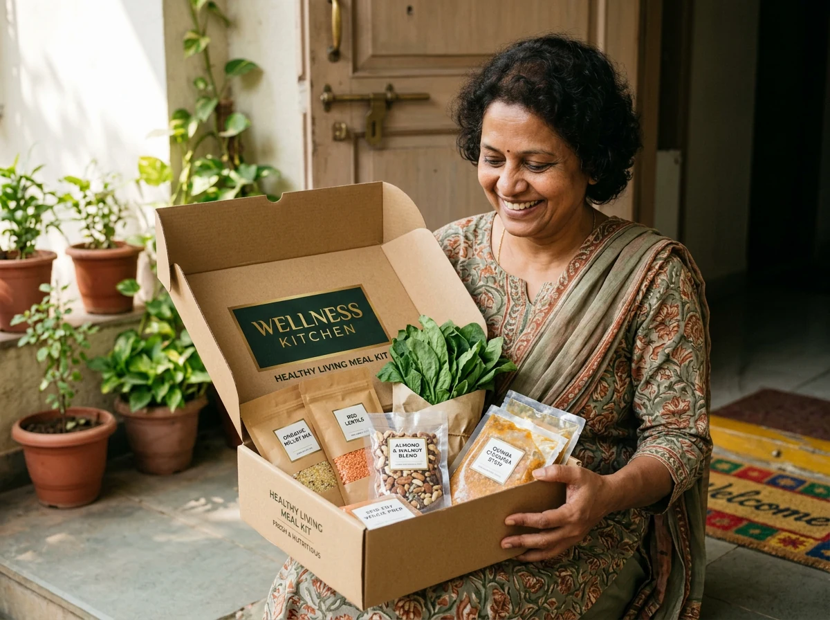 Patient opening a Mayura low glycemic index diet kit filled with fresh Indian ingredients