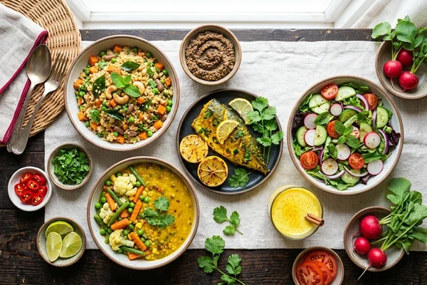 Heart Shield cardiac health Indian meals - oats upma, grilled fish, turmeric milk, steamed vegetables