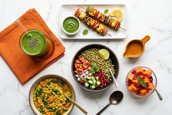 Lean Well weight management Indian meals - sprouts, paneer tikka, quinoa dal, smoothie