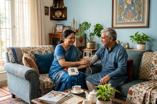 Indian couple monitoring blood pressure at home with Pressure Shield diet kit