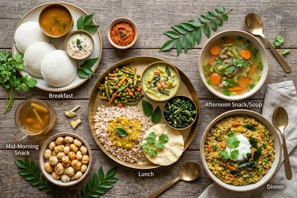 Complete day of Sugar Shield diabetic-friendly Indian meals - idli, dal, khichdi, herbal tea