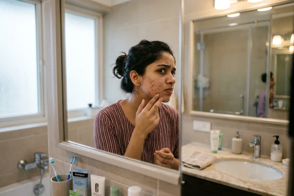 Young Indian person looking at skin breakout in mirror with frustration