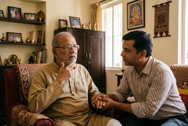 Elderly Indian person with memory confusion supported by caring family member