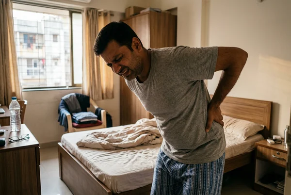 Young Indian adult with morning back stiffness struggling to move