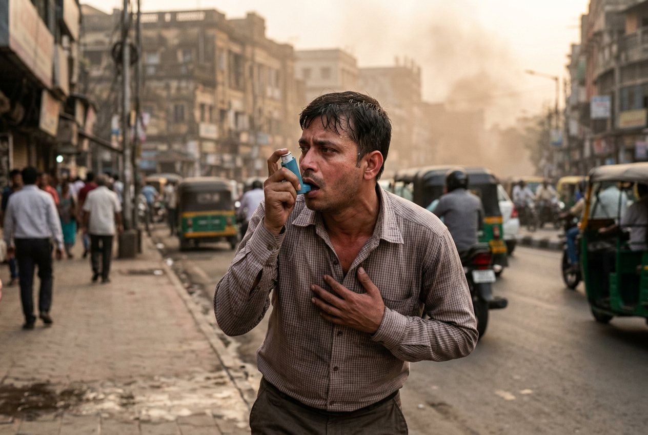 Indian person struggling with asthma and breathing difficulty
