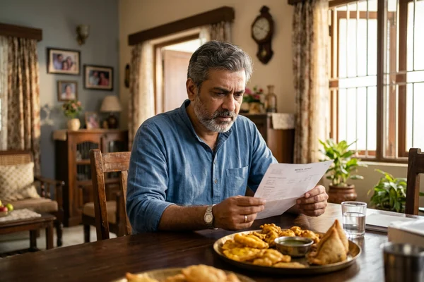 Indian man looking at lipid profile report with concern