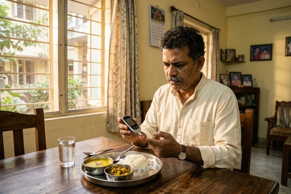 Indian man checking blood glucose at dining table