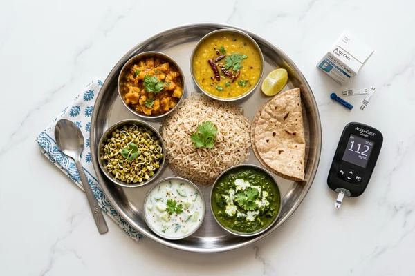 Indian low-glycemic thali with brown rice, dal, and vegetables