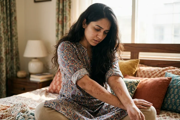 Indian woman looking at eczema patches on her arms with concern