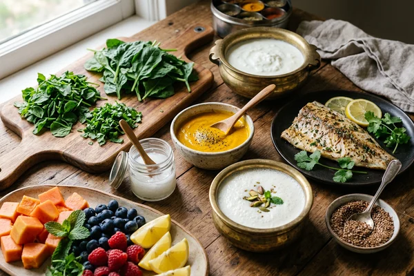 Indian anti-inflammatory foods with turmeric, leafy greens, and probiotic items for eczema healing