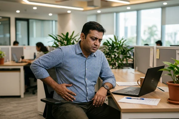 Indian man feeling abdominal discomfort at office desk
