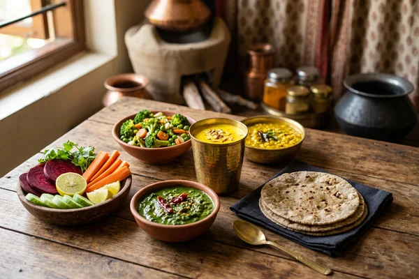 Liver-friendly Indian food spread with turmeric, greens, and whole grains