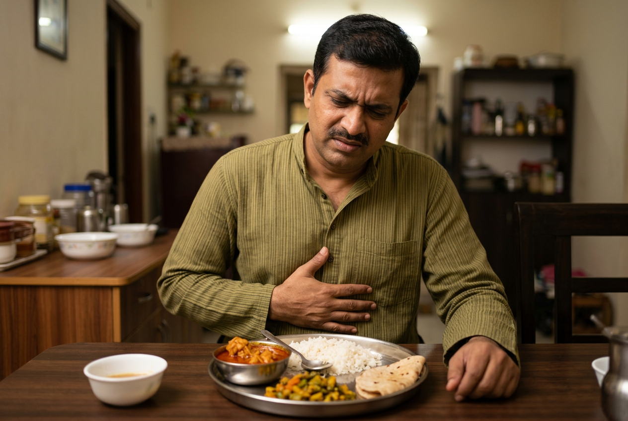 Indian person experiencing stomach discomfort from gastritis