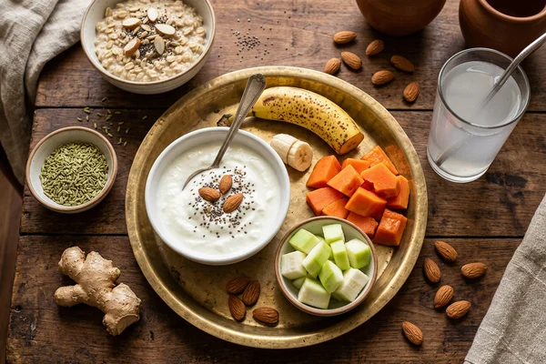 Gut-healthy Indian food spread with yogurt, banana, coconut water and fennel