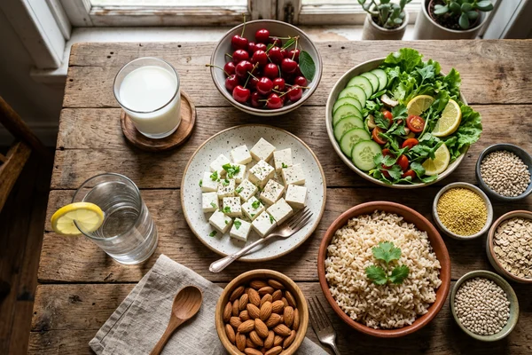 Low-purine Indian food spread with cherries, paneer, vegetables and brown rice