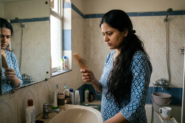 Indian woman looking at hair strands on her comb with worry