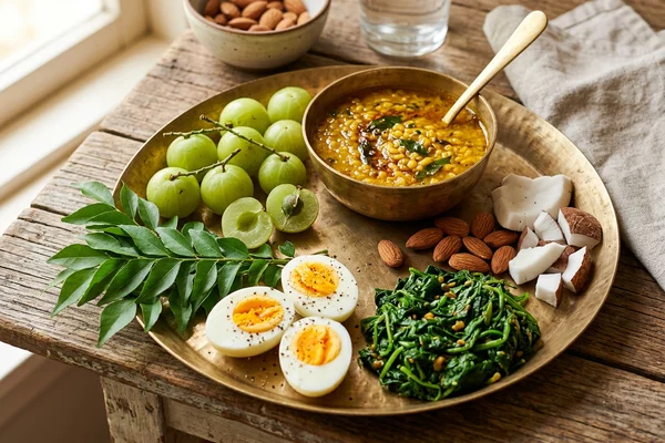 Indian hair-healthy foods with amla, spinach, nuts, and iron-rich lentils