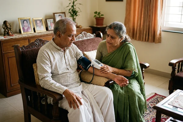 Indian person checking blood pressure at home
