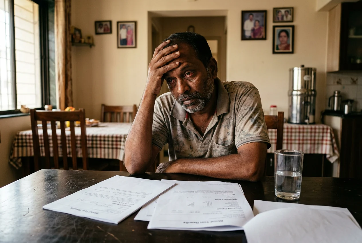 Worried Indian man looking at kidney test reports