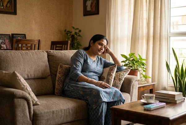 Indian woman with lupus fatigue and joint pain resting at home