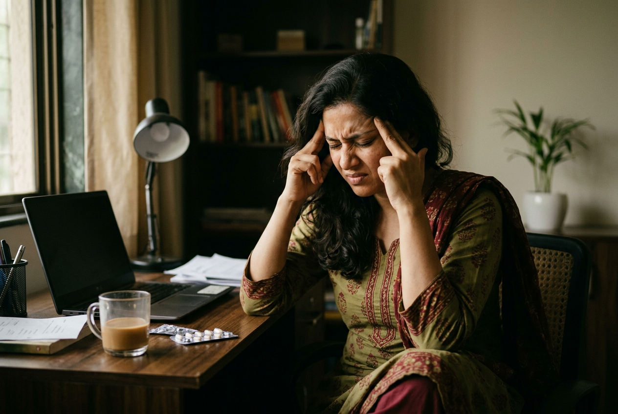 Indian woman experiencing severe migraine headache