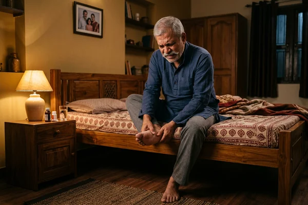 Indian person experiencing burning and tingling in feet from neuropathy
