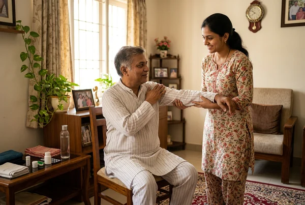 Indian stroke patient doing rehabilitation with supportive family member at home