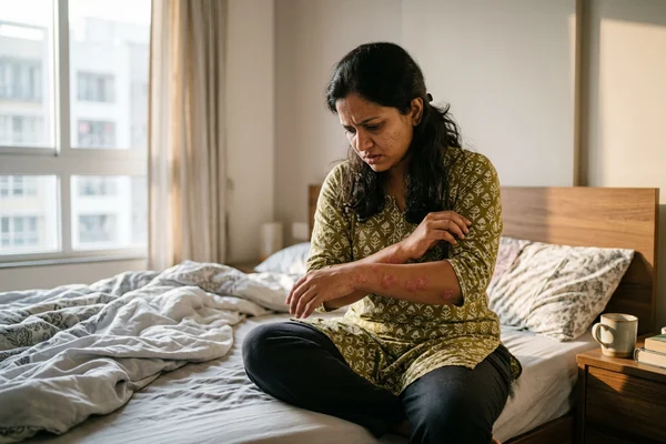 Indian woman examining psoriasis patches on her forearms