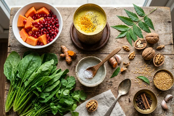 Anti-inflammatory Indian food spread with turmeric milk, fresh fruits, and healing foods