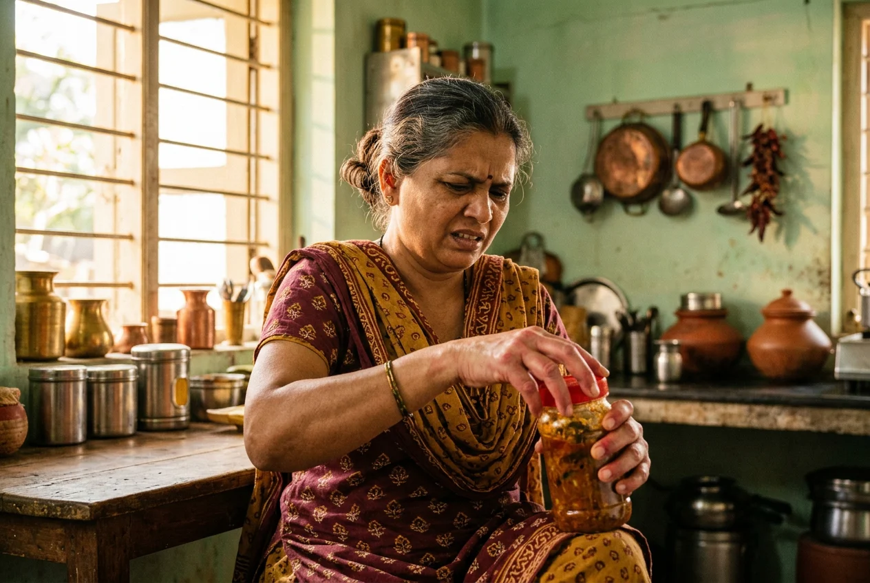 Indian woman with swollen painful joints struggling with morning stiffness