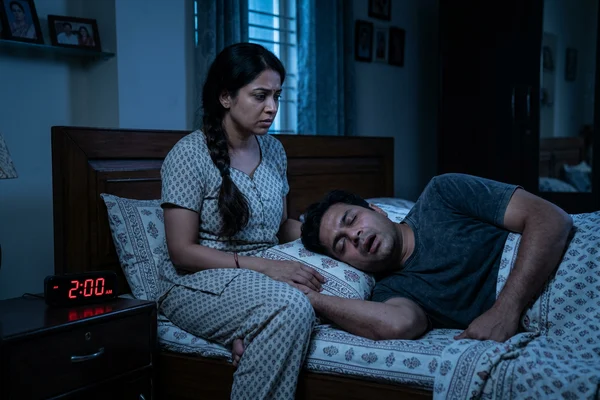 Indian couple in bed at night, wife concerned about husband's snoring