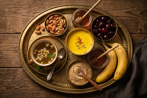 Indian sleep-wellness food spread with turmeric milk, chamomile tea, almonds and honey