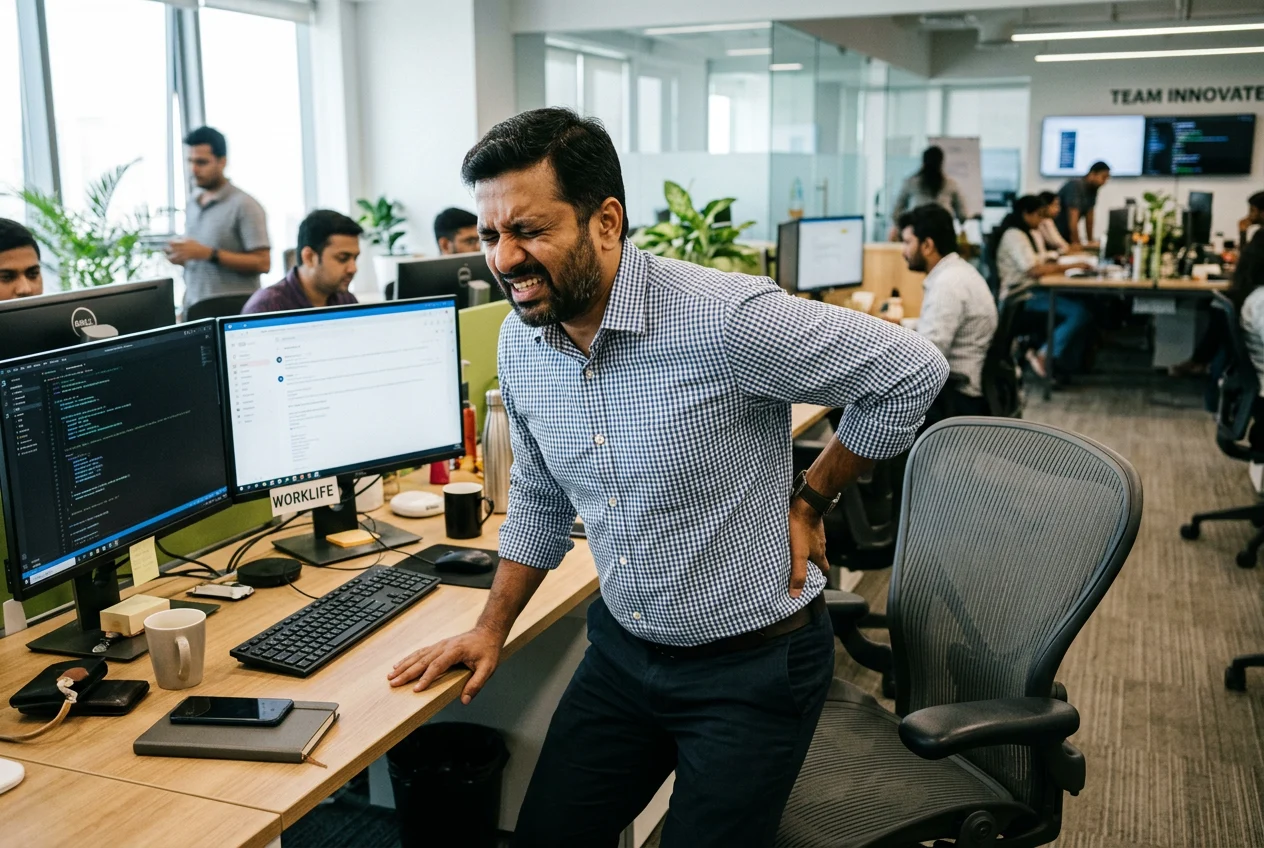 Indian man holding his lower back in pain, struggling to stand up