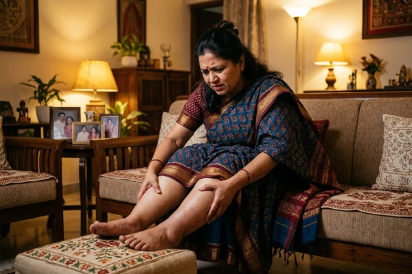 Indian person experiencing leg heaviness from varicose veins