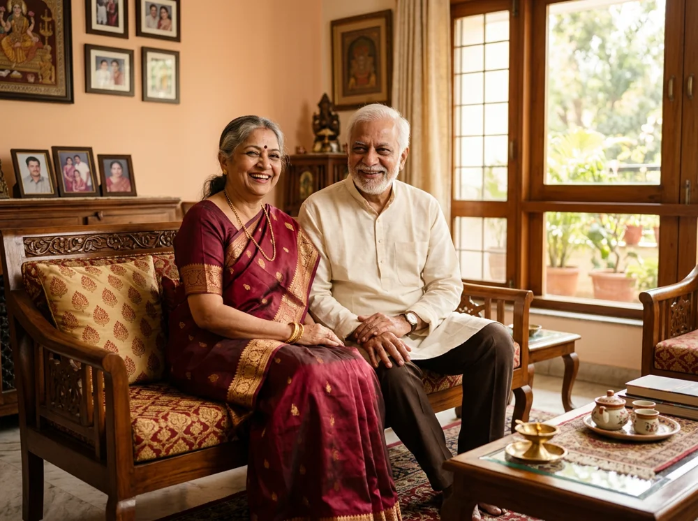 Happy senior with family and Mayura monitoring
